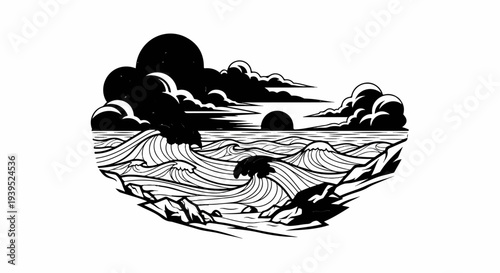 Stylized ocean waves crash against rocks under a cloudy, setting sun