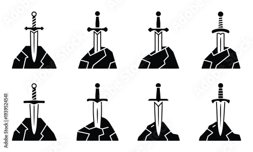 Collection of Legendary Swords Embedded in Rocks, vector illustration set symbolizing power, destiny, heroism, and mythical weaponry, isolated graphics ideal for fantasy, gaming, and adventure-themed 
