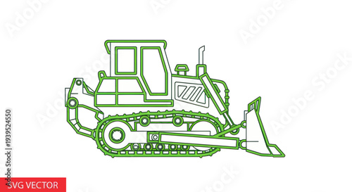 Construction Bulldozer Outline Vector Illustration with Green Lines on White Background