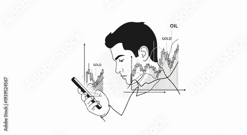 A man intently studies financial charts on his phone, surrounded by market data