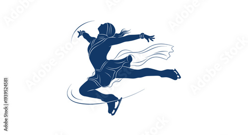 Figure Skater Silhouette Jumping and Spinning in Blue