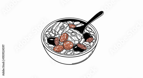 A hearty bowl of stew with meat, sausage, and beans, with a spoon