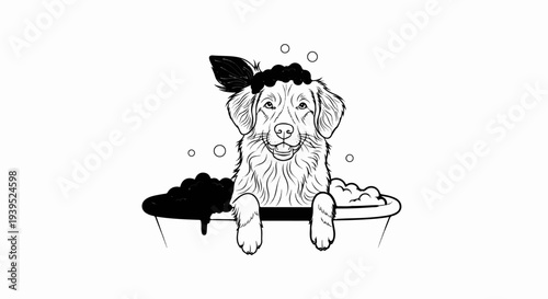A happy dog with a foamy head is enjoying a bubble bath