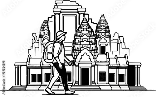 Tourist with backpack walks by ancient temple structures under a bright sun