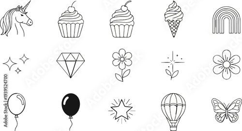 Whimsical collection of line art unicorn, cupcakes, ice cream, rainbow, gems, stars, flowers, balloons, hot air balloon, butterfly