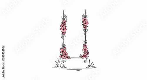 Whimsical swing draped with delicate pink blossoms and lush green foliage