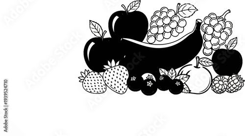 A black and white illustration of assorted fruits including apples, grapes, banana, strawberries, blueberries, and raspberries