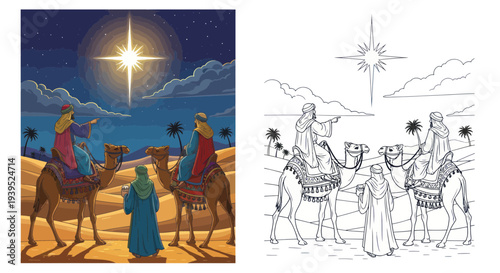 Three Wise Men Following Star of Bethlehem in Desert