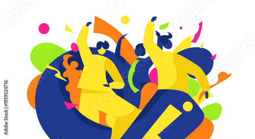 Vibrant abstract illustration of people dancing at a party with colorful confetti