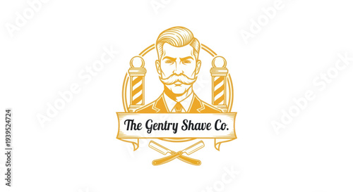 Vintage Barber Logo: Gentry Shave Co. with Man, Barber Poles, and Razors