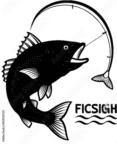 A black and white illustration of a fish jumping out of water near a fishing rod
