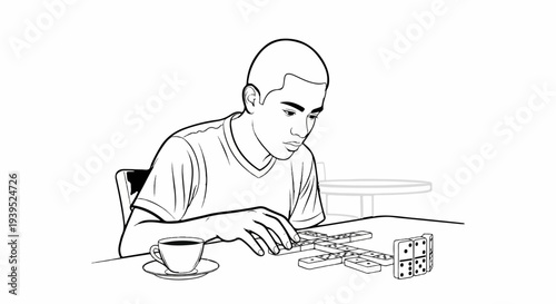 Young man playing dominoes with coffee at table