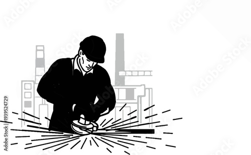 Worker with grinder creating sparks in front of factory buildings