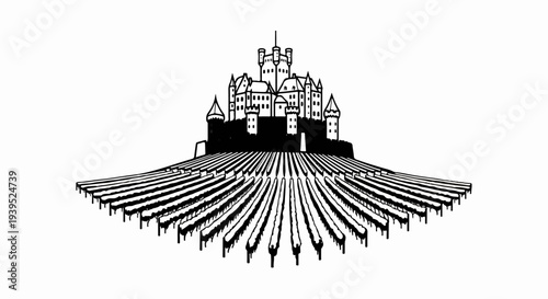 A black and white drawing of a castle atop rolling vineyards