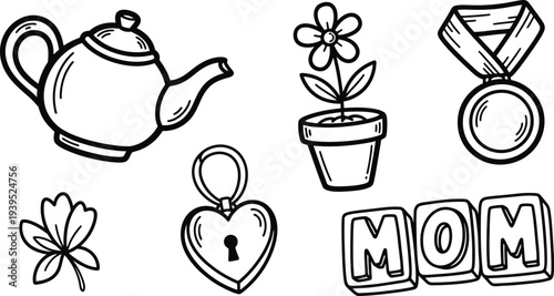 Whimsical hand-drawn icons celebrating motherhood and achievement.