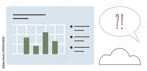 Data presentation, analytics, communication, collaboration, decision-making, information sharing. Bar chart with dots, speech bubble with punctuation and a cloud symbol. Data presentation
