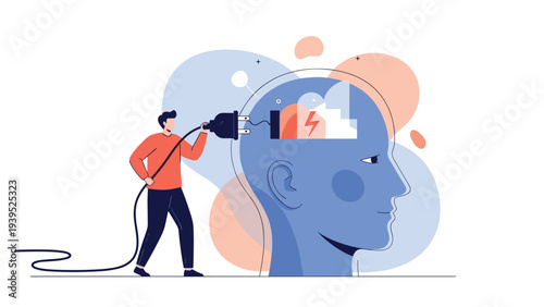 Conceptual flat illustration showing a man plugging a power cord into a giant human head to symbolize recharging the brain.
