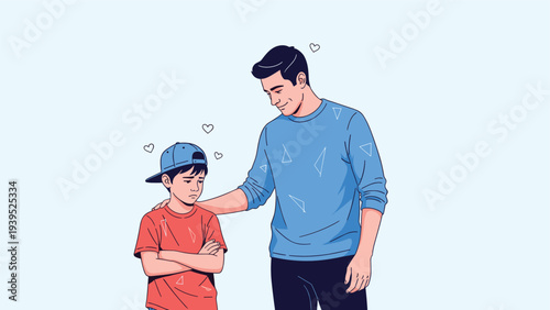 Supportive father offering emotional comfort and encouragement to his young son who looks sad with his arms crossed.