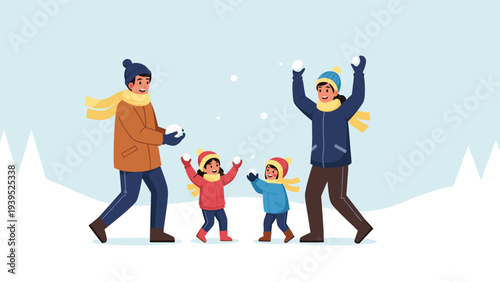 Happy family with two children playing together in a snowy winter garden and having fun while having a snowball fight.