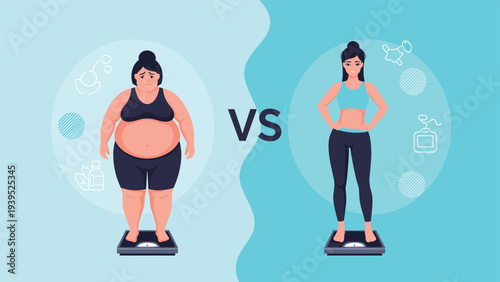 Weight loss transformation illustration showing a woman before and after fitness results while standing on a bathroom scale.