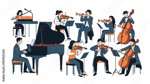 Full orchestra of musicians in formal attire is shown playing instruments like grand piano, violins, trumpets, and cellos.