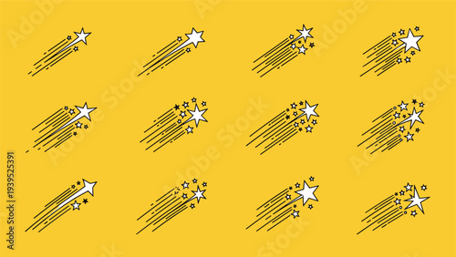 Collection of various shooting star icons with motion lines and small sparkles displayed on a bright yellow background.