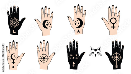 Selection of human hands featuring various mystical and celestial symbols like moons, stars, eyes, and targets in black ink.