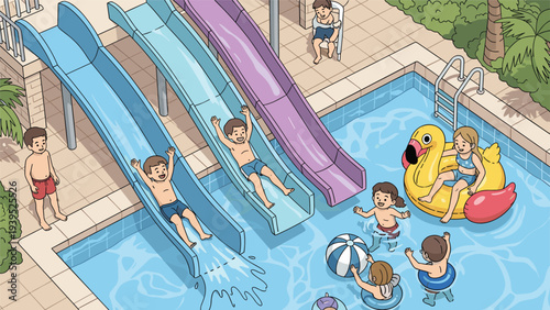 Group of children having fun sliding down water slides and playing with toys in a swimming pool at a colorful water park.
