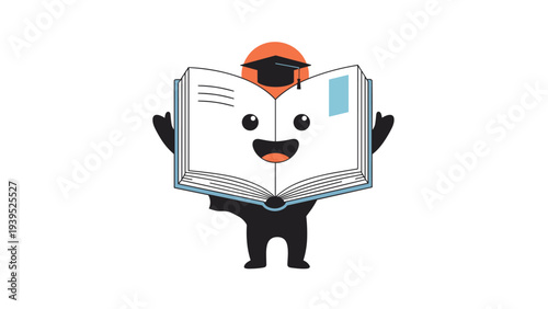 Cheerful animated book character wearing a black graduation cap and holding its pages open to reveal a smiling face.