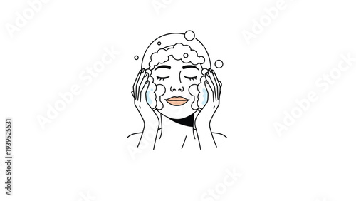 Young woman washing her face with cleansing foam and soap bubbles to maintain clear skin and a healthy daily beauty routine.