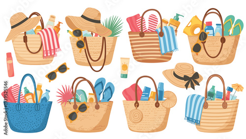 Collection of straw beach bags filled with summer essentials like towels, sunblock, hats, sunglasses, and flip-flops for vacation.