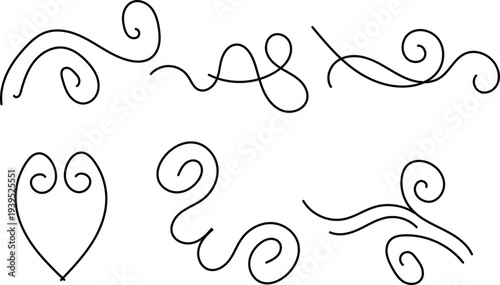 Set of elegant black hand drawn swirl flourishes and decorative calligraphic line ornaments for wedding invitation design and borders