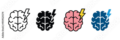 Brainstorming and mental energy icon set. Human brain with lightning bolt for creative thinking and inspiration symbol. Vector Illustration.
