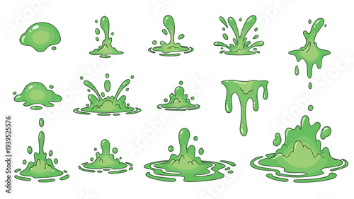 Various shapes and forms of green slime splashes and drips showing toxic or biological liquid motion in a cartoon style.