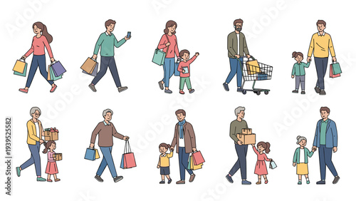Set of diverse people and families walking and carrying various shopping bags after a successful retail therapy session.