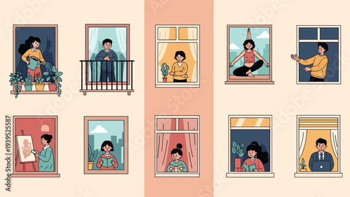 Neighborhood scene showing diverse people inside their apartment windows engaged in various activities like reading, working, and meditating.