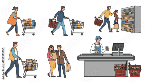 Diverse people using shopping carts and baskets to buy groceries and checking out at a supermarket counter with a cashier.