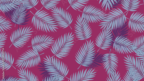 Tropical seamless pattern featuring detailed blue palm fronds scattered across a vibrant dark magenta or maroon background for summer themes.