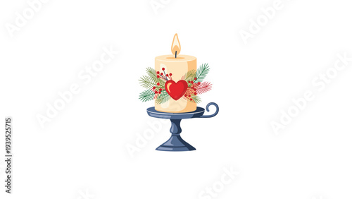 Festive holiday illustration of a burning white candle on a blue stand decorated with pine needles, red berries, and a red heart.