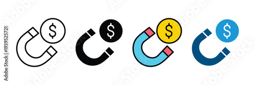 Money magnet icon set. Financial attraction and wealth generation symbol. Vector Illustration.