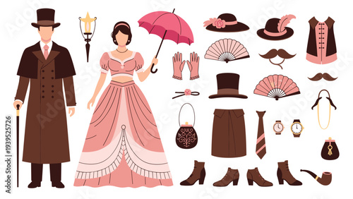 Set of victorian era fashion items including a formal couple, top hats, umbrellas, fans, and elegant footwear in pink and brown.