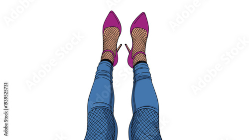 Fashionable illustration of woman legs wearing blue jeans over fishnet stockings and stylish bright pink pointed toe high heel shoes.
