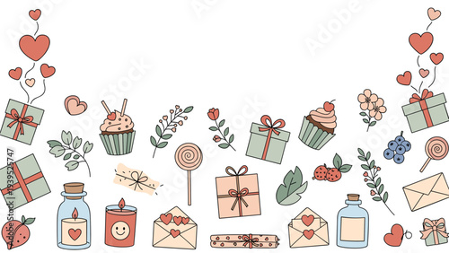 Charming hand drawn border containing various romantic elements such as gift boxes, cupcakes, hearts, flowers, letters, and candles in soft colors.