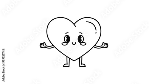 Adorable line art character of a heart with large expressive eyes, a small smile, and open arms in a welcoming or happy pose.