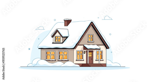 Charming flat design illustration of a cozy two story house covered in thick white snow during a quiet winter evening with warm glowing windows.