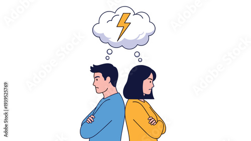 Angry man and woman standing back to back with crossed arms and a lightning bolt in a thought bubble signifying conflict.