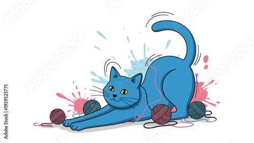 Playful illustration of a cute bright blue cat stretching and pouncing while playing with several colorful balls of wool yarn and ink splashes.