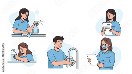Series of illustrations showing people washing hands, wearing masks, and cleaning surfaces to maintain health and safety.