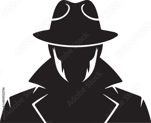 Mysterious Spy Silhouette Vector Icon in Trench Coat and Hat