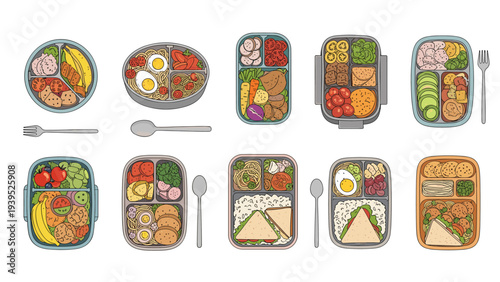 Collection of healthy and colorful bento lunch boxes filled with various foods like rice, vegetables, fruits, and snacks.